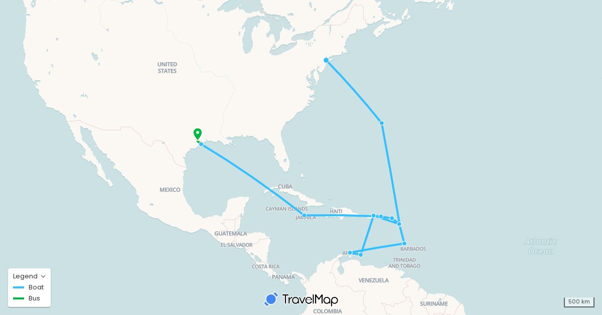 TravelMap itinerary: bus, plane, boat in Antigua and Barbuda, Bermuda, Jamaica, Saint Lucia, Netherlands, United States (Europe, North America)